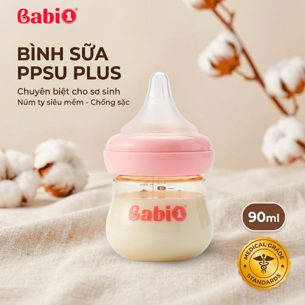Bình Sữa Babi1 PPSU Plus Cổ Rộng 90ml Cho Bé Sơ Sinh - Núm Siêu Mềm Chống Sặc Sữa & Đầy Hơi Hiệu Quả