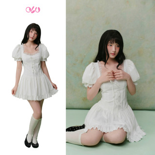 Đầm OLV tay bồng phối ren nơ White Linen Puff Sleeves Lace Trim Mini Dress tiểu thư dịu dàng
