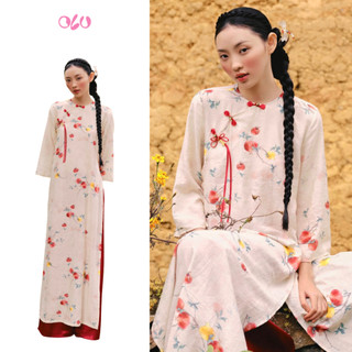 Áo dài OLV họa tiết trái lựu cổ tròn tay dài tinh tế Hân Nghiên phù chơi lễ tết (Không kèm quần)