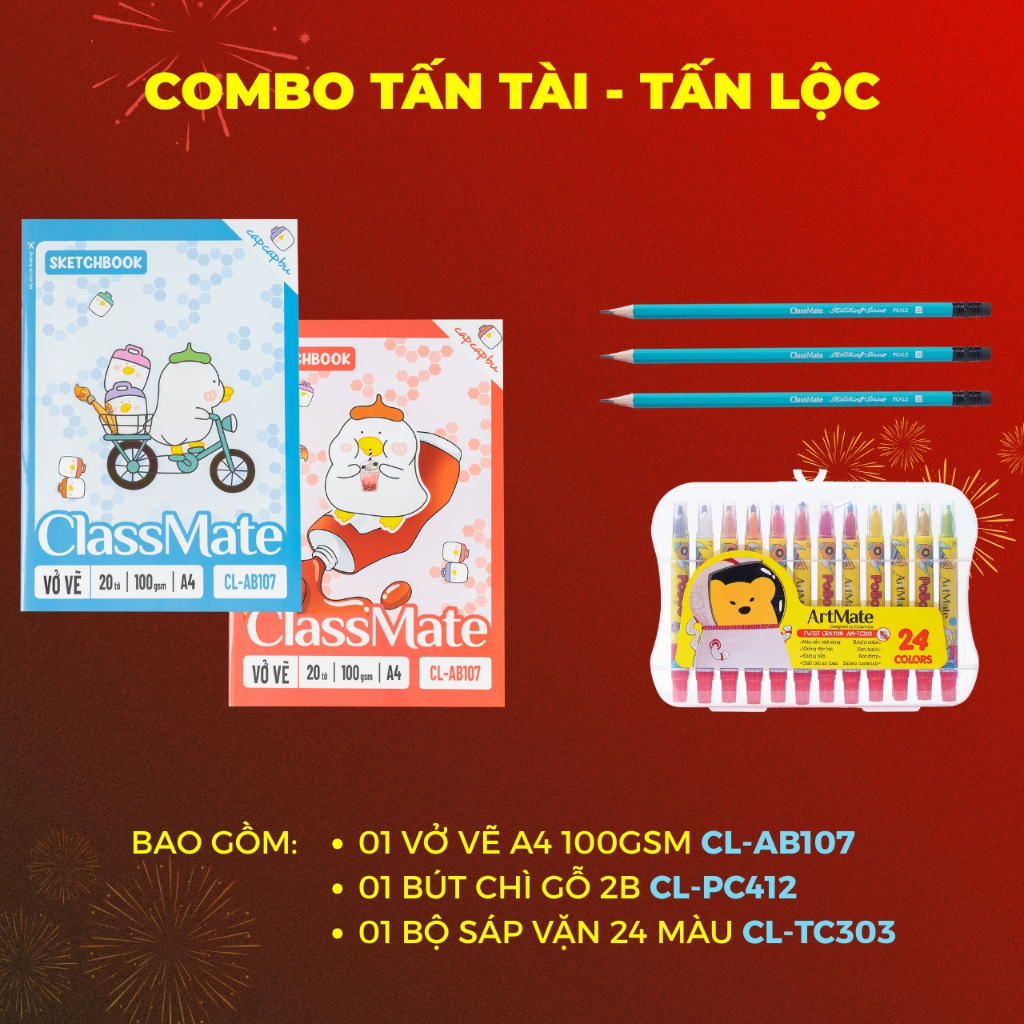 Combo Hoạ Cụ Chào Xuân, Combo Vở Vẽ A4 100GSM, Sketchbook A5 200GSM, Bút Chì, Bút Sáp Vặn Hữu Cơ