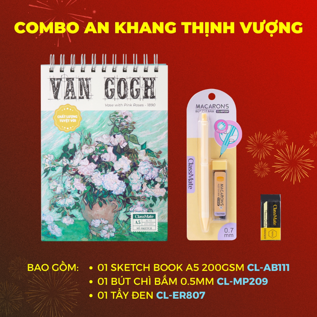 Combo Hoạ Cụ Chào Xuân, Combo Vở Vẽ A4 100GSM, Sketchbook A5 200GSM, Bút Chì, Bút Sáp Vặn Hữu Cơ