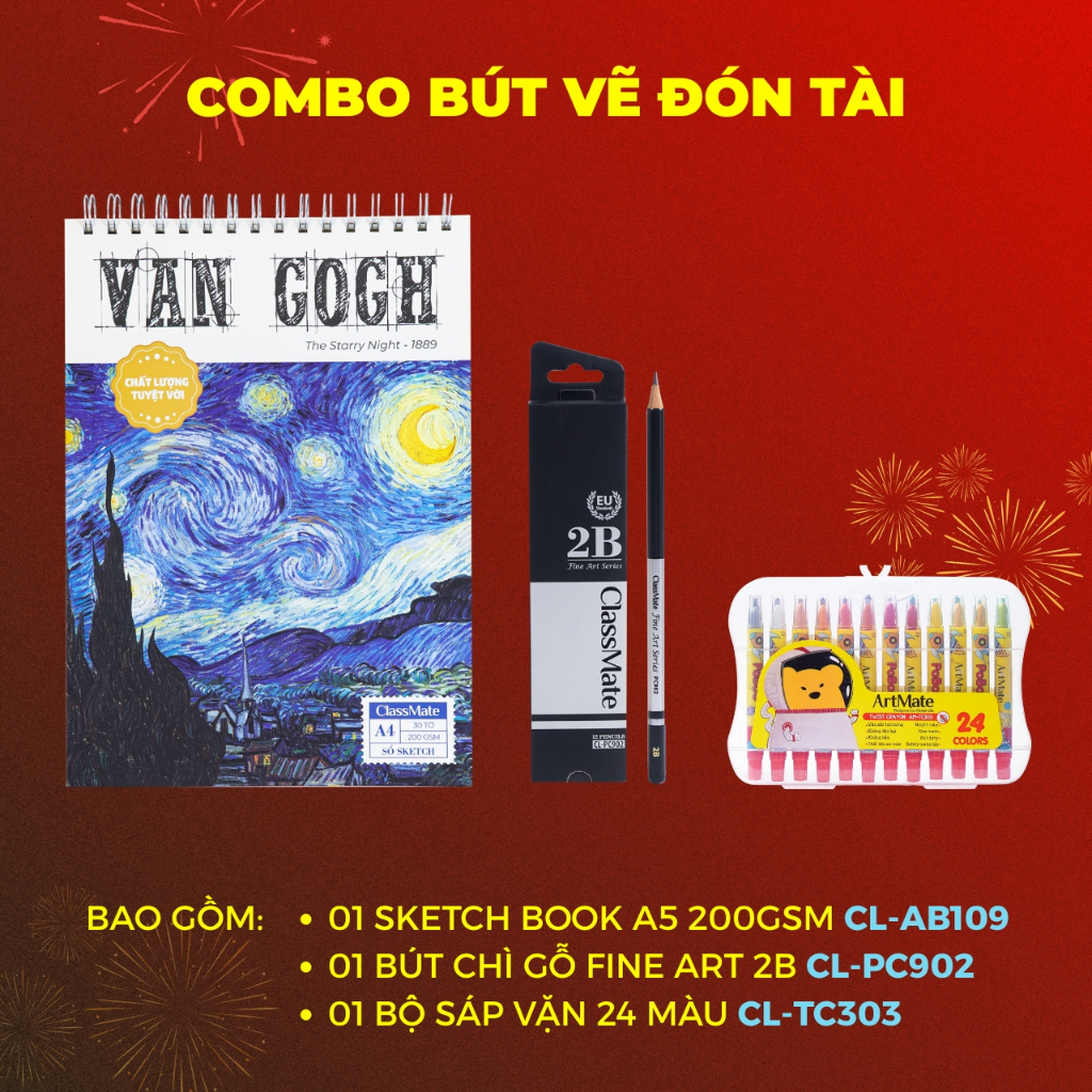 Combo Hoạ Cụ Chào Xuân, Combo Vở Vẽ A4 100GSM, Sketchbook A5 200GSM, Bút Chì, Bút Sáp Vặn Hữu Cơ
