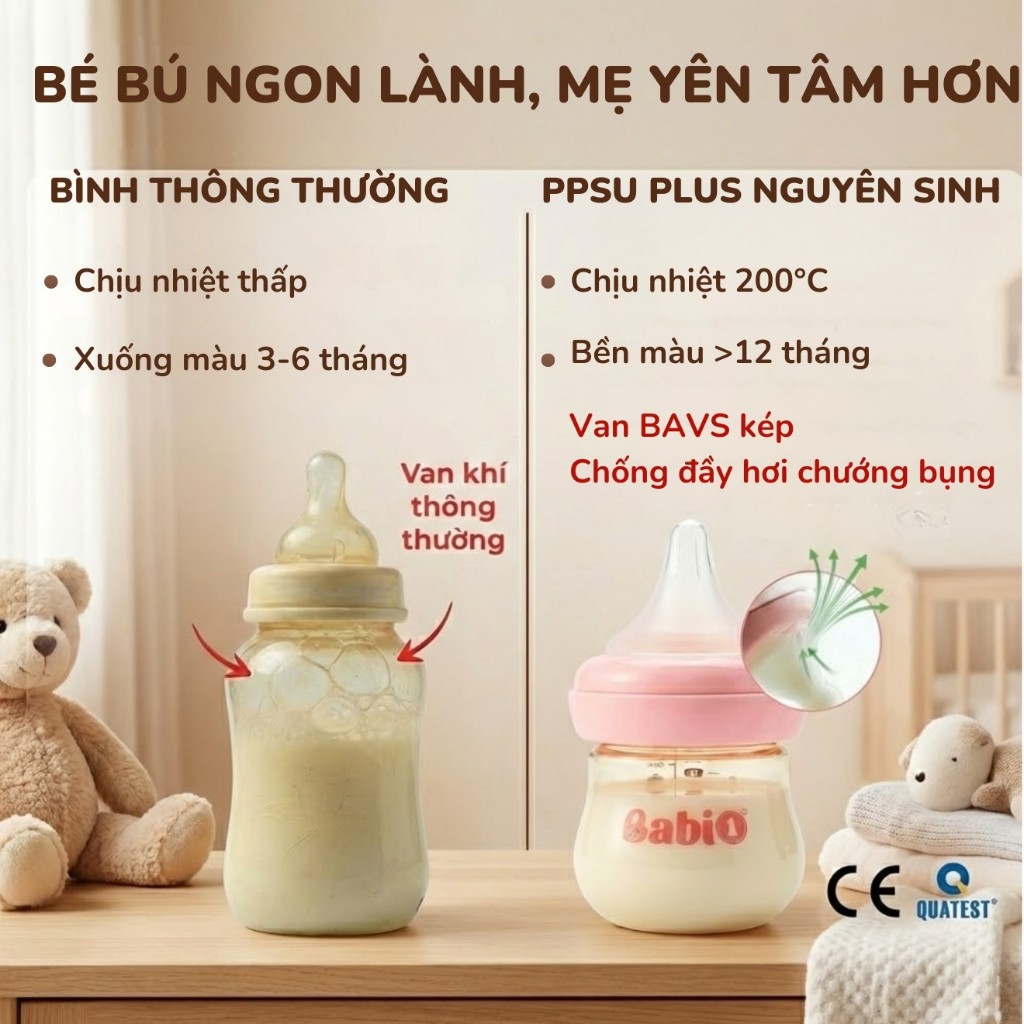 Bình Sữa Babi1 PPSU Plus Cổ Rộng 90ml Cho Bé Sơ Sinh - Núm Siêu Mềm Chống Sặc Sữa & Đầy Hơi Hiệu Quả
