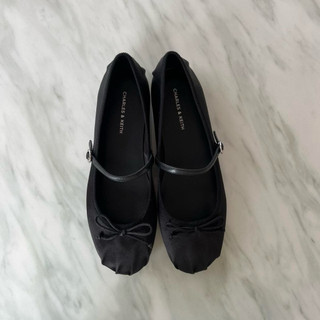 Giày Charles & Keith Emiko Satin Bow Mary Jane Flats in black satin material - Sẵn Hoả Tốc