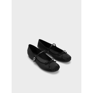 Giày Charles & Keith Emiko Satin Bow Mary Jane Flats in black satin material - Sẵn Hoả Tốc