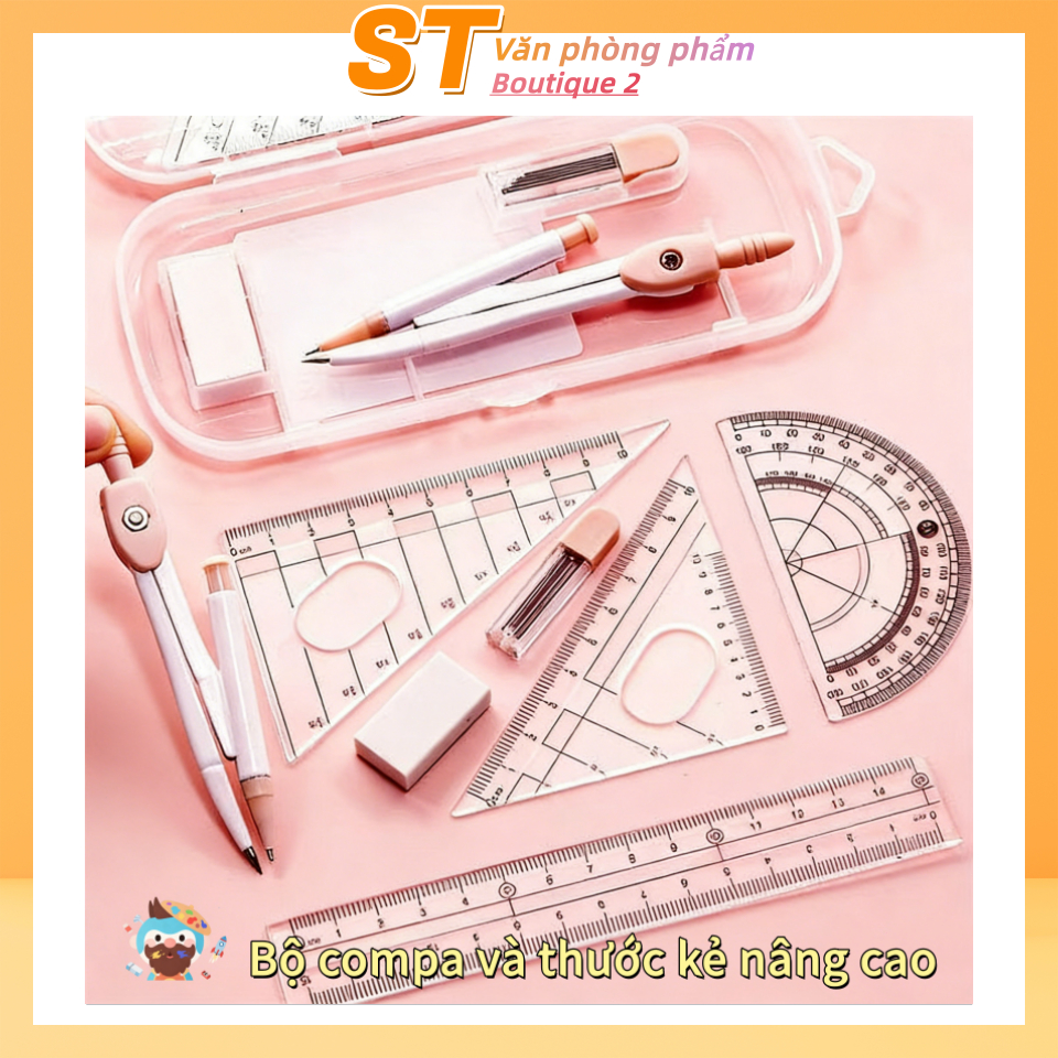 Học tập 8 món đồ dùng: compa, thước kẻ, thước ào , tẩy, rut chì - chuyên dụng cho học sinh vẽ hình và  thi cử.