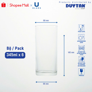 Bộ 6 Ly cốc thủy tinh U Glass 345ml kiểu cao đáy bằng - BUG312, thủy tinh cao cấp an toàn
