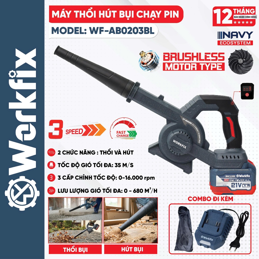 [NEW-Qùa Tặng Thước Đo] Máy Thổi, Hút Bụi Pin Workfix WF-AB0203BL Chuyên Thổi Lá, Rác, Hút Bụi, Chân Pin Phổ Thông