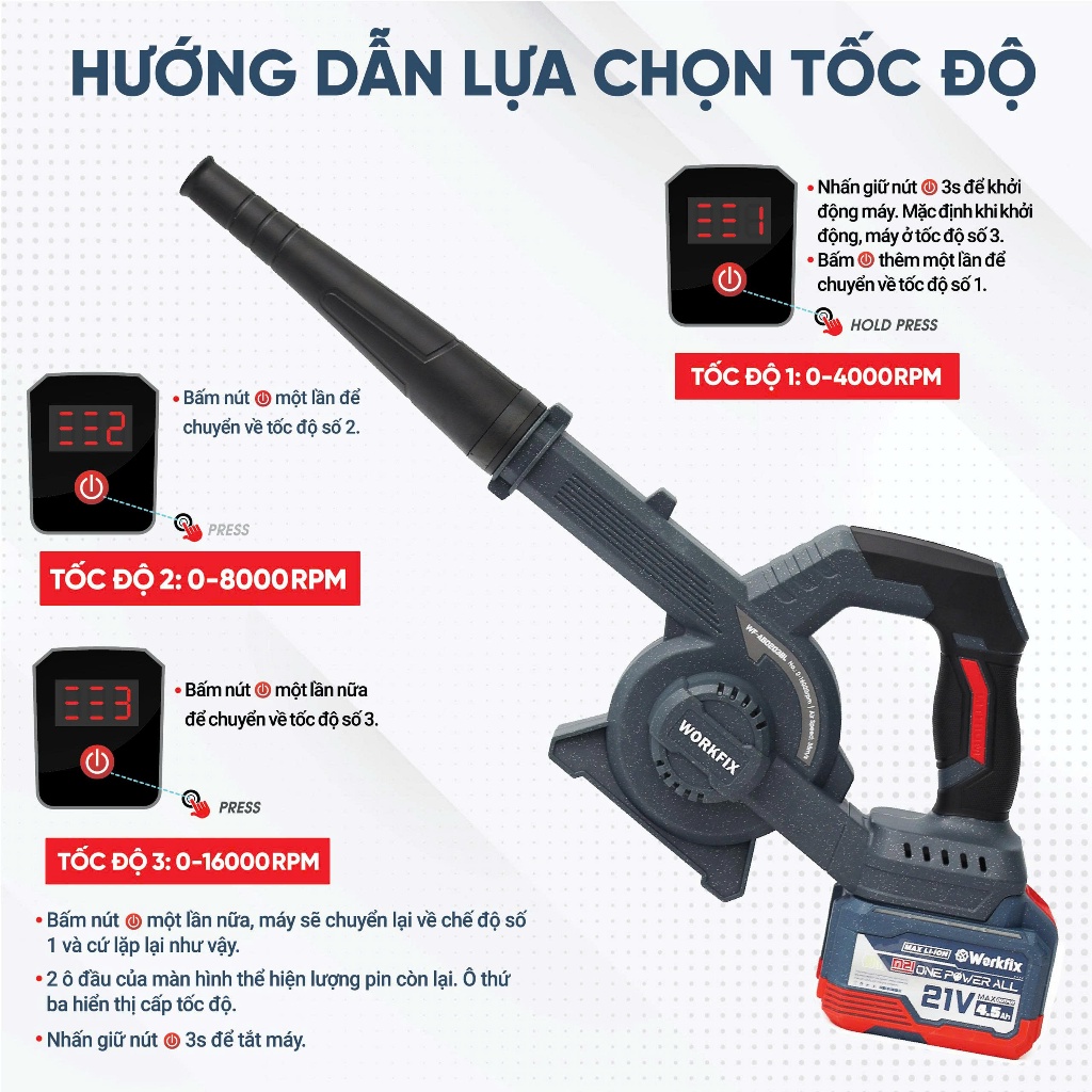 [NEW-Qùa Tặng Thước Đo] Máy Thổi, Hút Bụi Pin Workfix WF-AB0203BL Chuyên Thổi Lá, Rác, Hút Bụi, Chân Pin Phổ Thông
