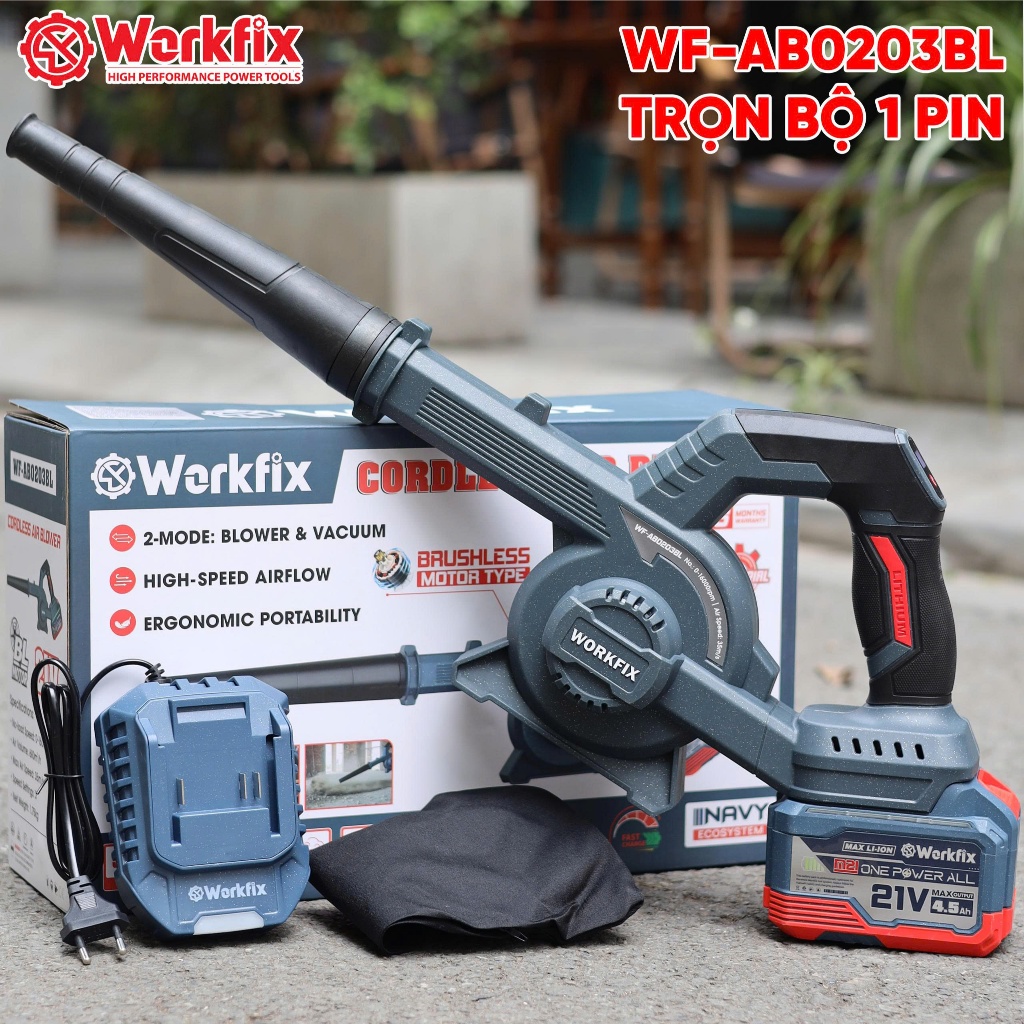 [NEW-Qùa Tặng Thước Đo] Máy Thổi, Hút Bụi Pin Workfix WF-AB0203BL Chuyên Thổi Lá, Rác, Hút Bụi, Chân Pin Phổ Thông