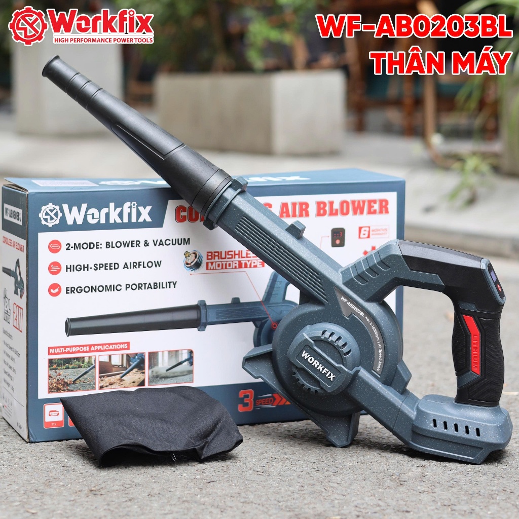 [NEW-Qùa Tặng Thước Đo] Máy Thổi, Hút Bụi Pin Workfix WF-AB0203BL Chuyên Thổi Lá, Rác, Hút Bụi, Chân Pin Phổ Thông