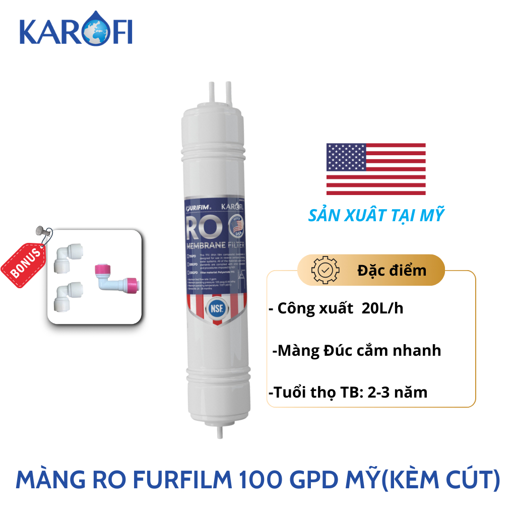 Màng lọc RO 100GPD Hàn Quốc Karofi - Lõi số 4 Karofi công suất 20l/h cắm nhanh đúc nguyên khối - Hàng chính hãng