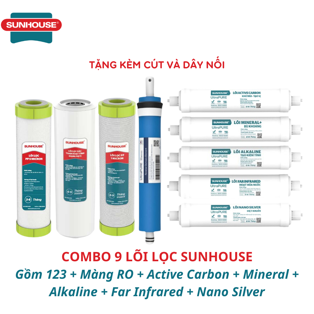 Bộ 9 Lõi Lọc Nước Sunhouse Chính Hãng Cắm Nhanh Cho Máy Lọc Nước SHA8838K, SHA8839K, SHA8859K, SHA8889K, SHA8859KV,...