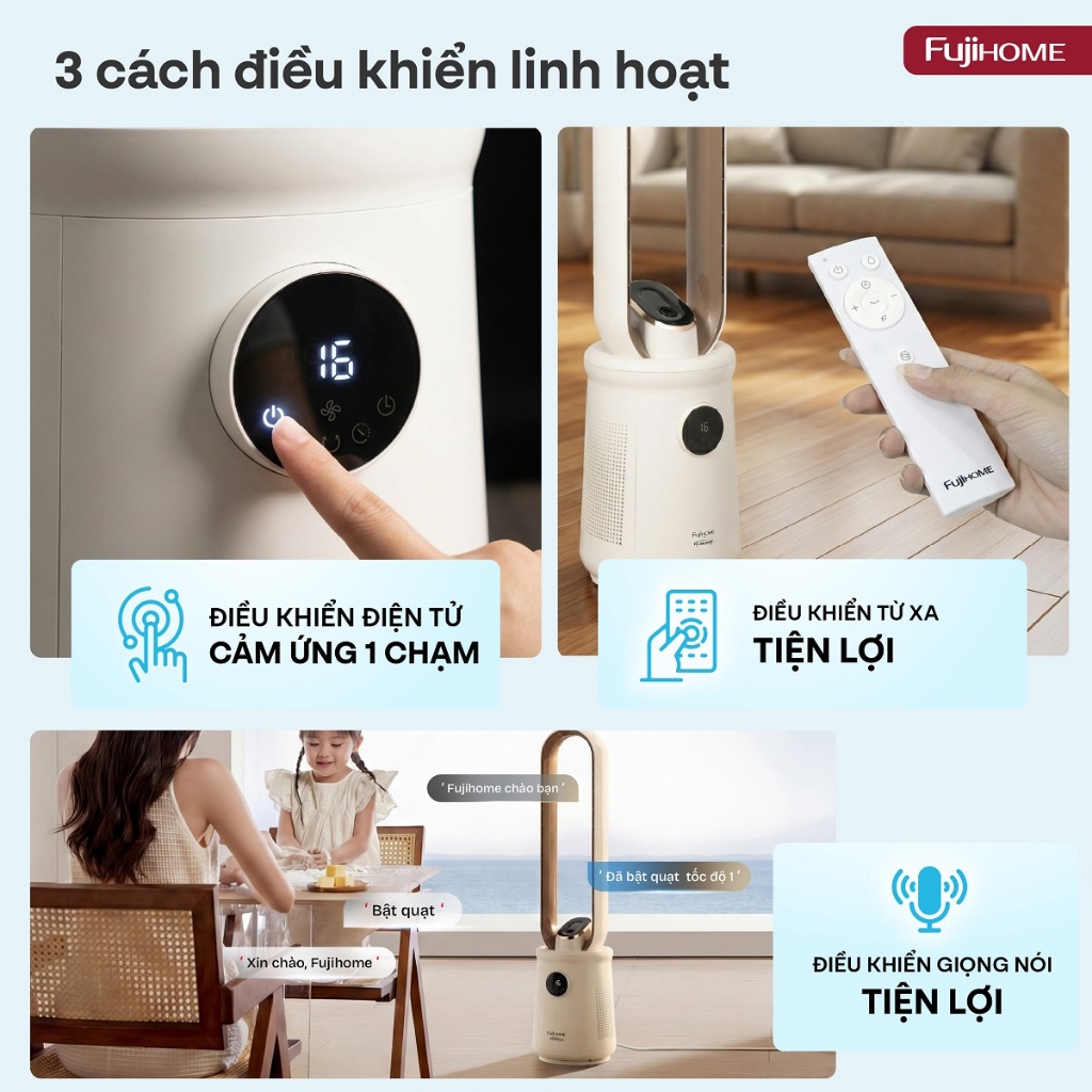 Quạt không cánh inverter Nhập Khẩu FUJIHOME BF15 HEPA VOICE, Quạt tháp lọc không khí điều khiển giọng nói