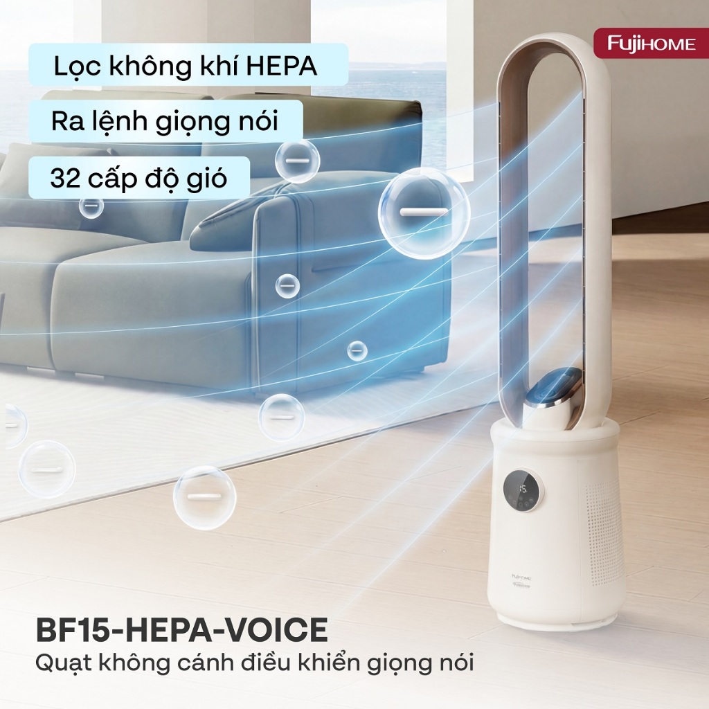 Quạt không cánh inverter Nhập Khẩu FUJIHOME BF15 HEPA VOICE, Quạt tháp lọc không khí điều khiển giọng nói