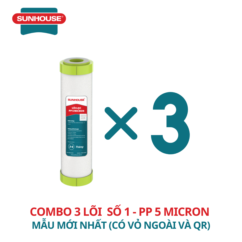Combo 3 Lõi Số 1 SUNHOUSE (KHÔNG PHẢI COMBO 123) PP 5 Micron Chính Hãng Mẫu Mới Dành Cho Cốc Lọc 10Inch