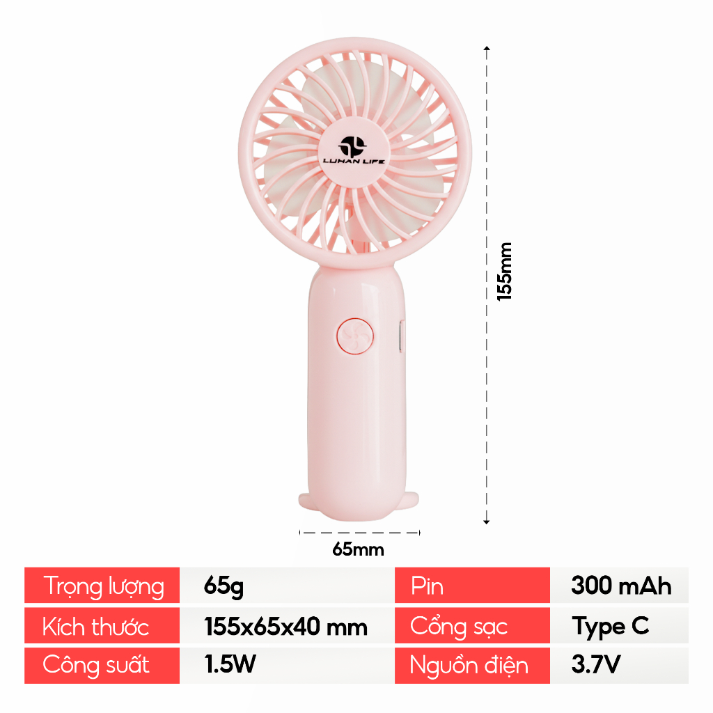 Quạt Cầm Tay sò lạnh Mini Tích Điện LUHAN LIFE , Quạt Tích Điện 3 Chế Độ Gió, Sạc Type C Tiện Lợi