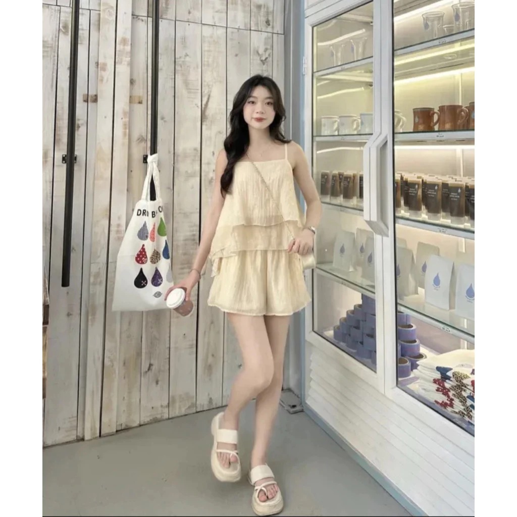 [Peinn] Set bộ đồ nữ 2 dây mềm mại thoáng mát, bộ đũi lụa áo dây xếp tầng kèm quần short  thời trang H Store