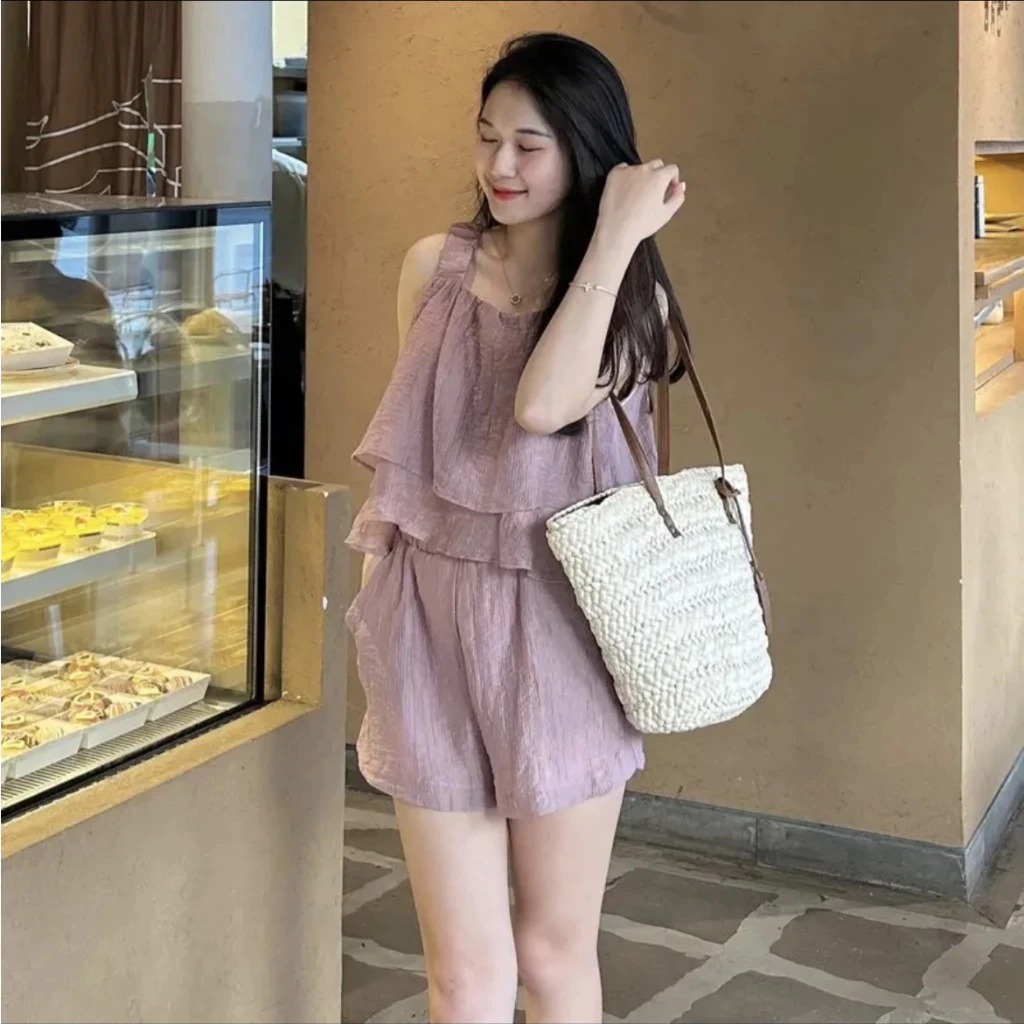 [Peinn] Set bộ đồ nữ 2 dây mềm mại thoáng mát, bộ đũi lụa áo dây xếp tầng kèm quần short  thời trang H Store