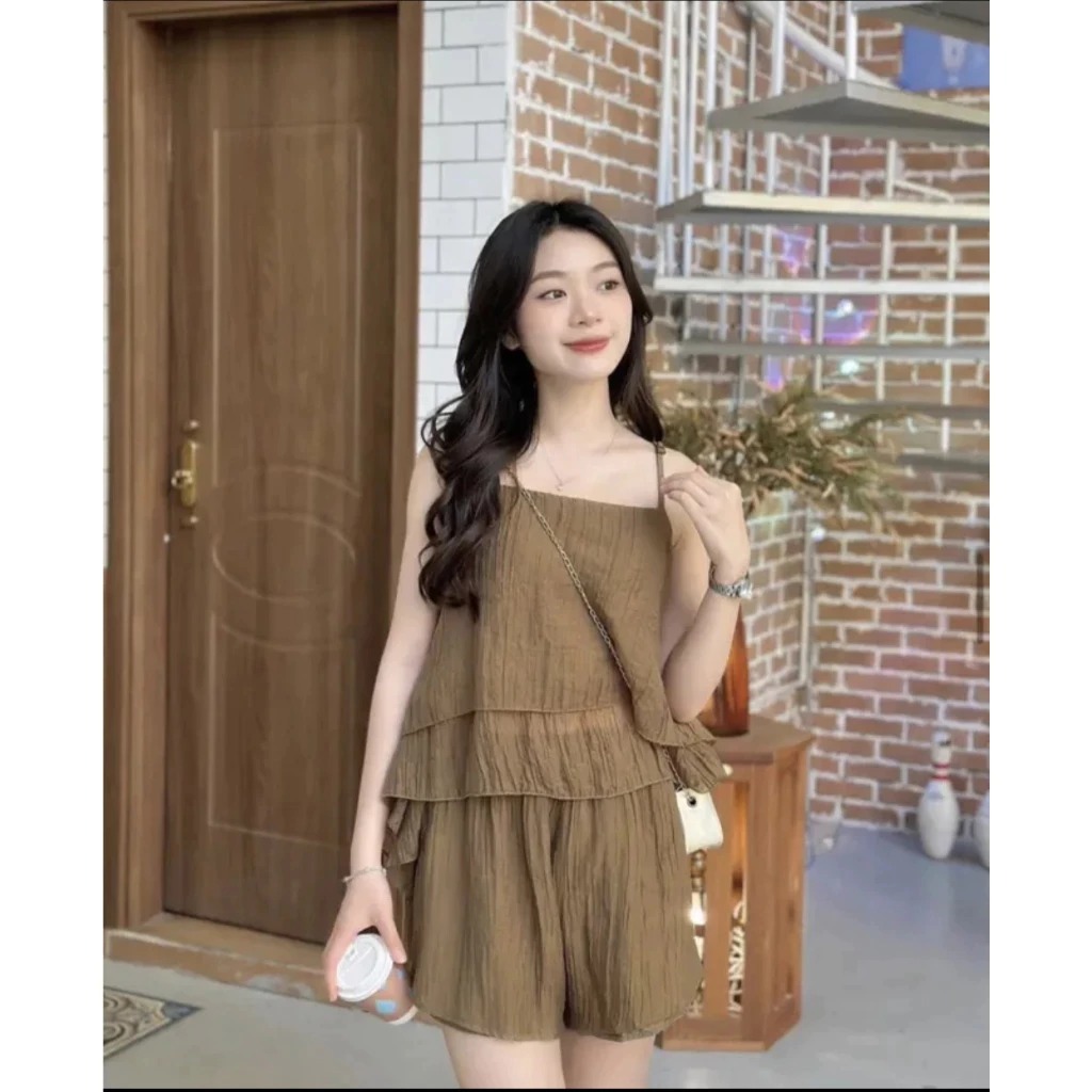 [Peinn] Set bộ đồ nữ 2 dây mềm mại thoáng mát, bộ đũi lụa áo dây xếp tầng kèm quần short  thời trang H Store