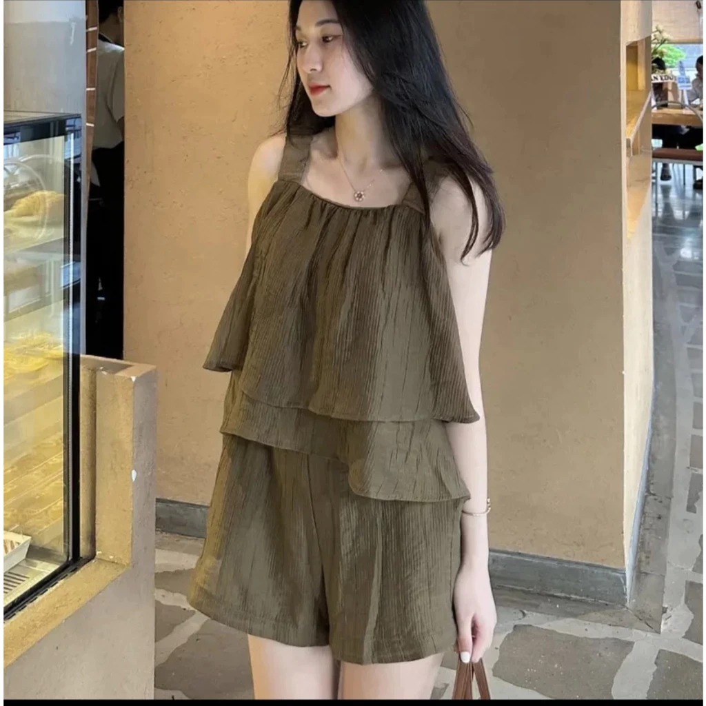 [Peinn] Set bộ đồ nữ 2 dây mềm mại thoáng mát, bộ đũi lụa áo dây xếp tầng kèm quần short  thời trang H Store