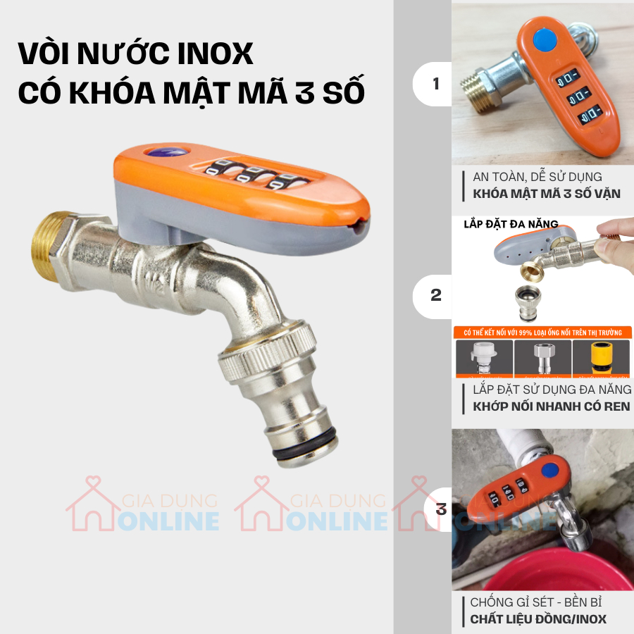 Van vòi nước nóng inox 1/2 có ổ khóa số mật mã an toàn cho trẻ em và khớp nối nhanh