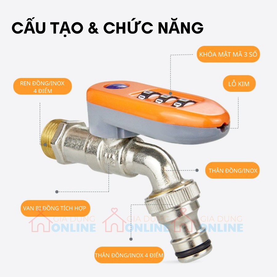 Van vòi nước nóng inox 1/2 có ổ khóa số mật mã an toàn cho trẻ em và khớp nối nhanh