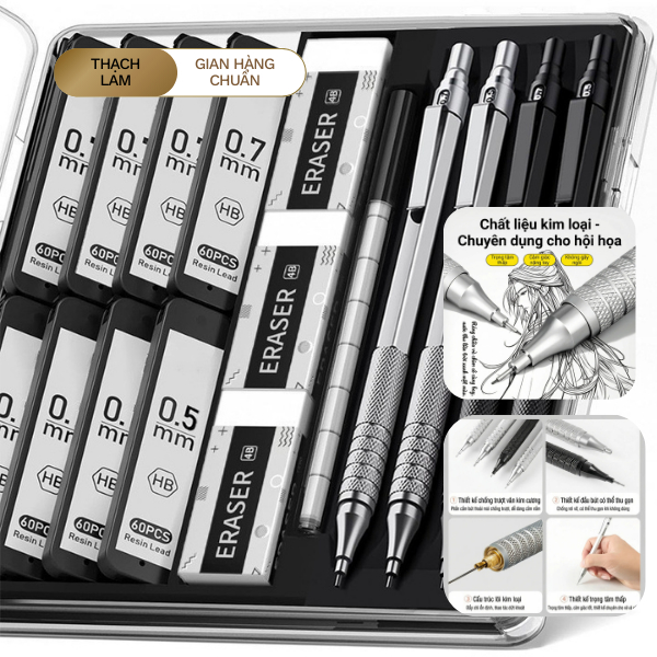 Full Set Bút Chì Kim Cao Cấp 0.3–0.7mm Kèm Ruột & Tẩy – Bộ Vẽ Kỹ Thuật, Học Tập Chuyên Nghiệp