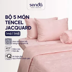 Bộ chăn ga gối 5 món Lụa Tencel Jacquard vân gấm Sen Đá Home Bedding cao cấp, Set drap giường nệm 1m6 1m8