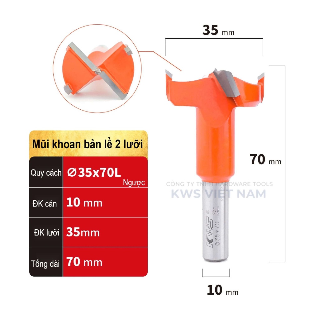 Mũi Khoan Bản Lề 35mm 37mm KWS Hợp Kim TCT Chuôi 10mm/12.7mm – Khoan Gỗ MDF Plywood CNC