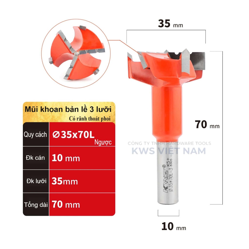 Mũi Khoan Bản Lề 35mm 37mm KWS Hợp Kim TCT Chuôi 10mm/12.7mm – Khoan Gỗ MDF Plywood CNC