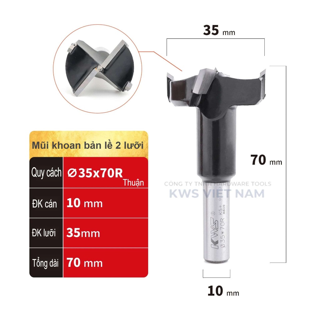 Mũi Khoan Bản Lề 35mm 37mm KWS Hợp Kim TCT Chuôi 10mm/12.7mm – Khoan Gỗ MDF Plywood CNC