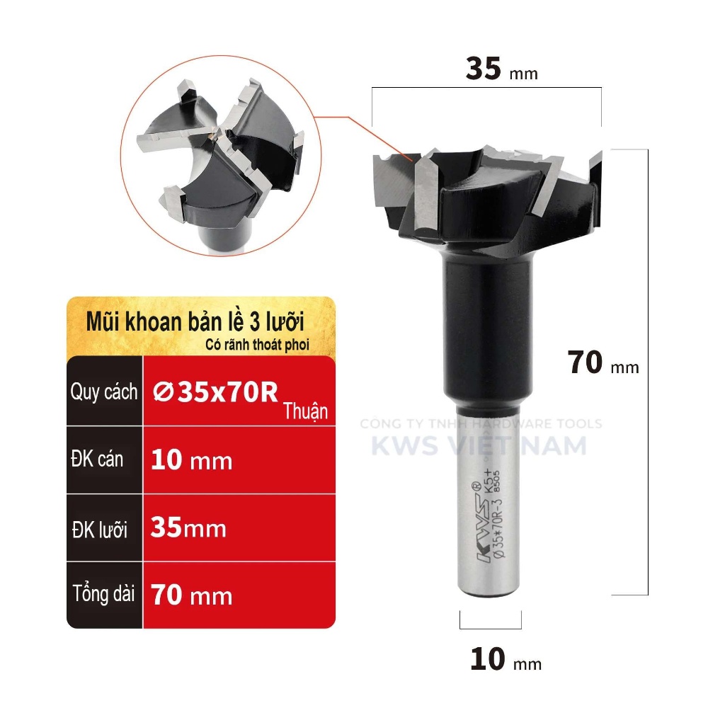 Mũi Khoan Bản Lề 35mm 37mm KWS Hợp Kim TCT Chuôi 10mm/12.7mm – Khoan Gỗ MDF Plywood CNC