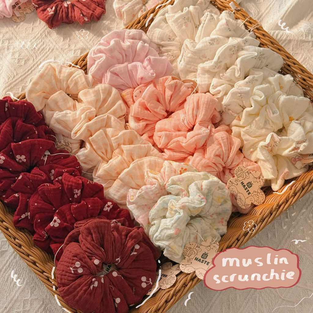 Scrunchie Cột Tóc Vải Xô Muslin Hoạ Tiết Hoa Nhí Phong Cách Hàn Quốc Bánh Bèo Nàng Thơ Siêu Dễ Thương