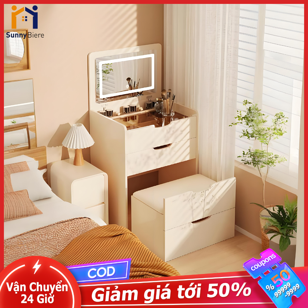 Sunny Bàn Trang Điểm Mini Đa Năng Có Đèn LED - Kèm Ghế, Gỗ Chống Trầy Xước, Tiết Kiệm Diện Tích