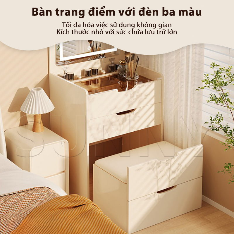Sunny Bàn Trang Điểm Mini Đa Năng Có Đèn LED - Kèm Ghế, Gỗ Chống Trầy Xước, Tiết Kiệm Diện Tích