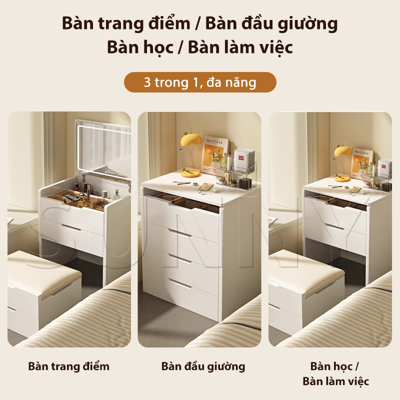 Sunny Bàn Trang Điểm Mini Đa Năng Có Đèn LED - Kèm Ghế, Gỗ Chống Trầy Xước, Tiết Kiệm Diện Tích