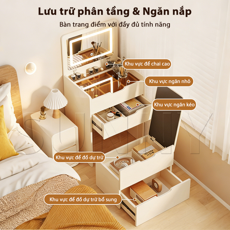 Sunny Bàn Trang Điểm Mini Đa Năng Có Đèn LED - Kèm Ghế, Gỗ Chống Trầy Xước, Tiết Kiệm Diện Tích