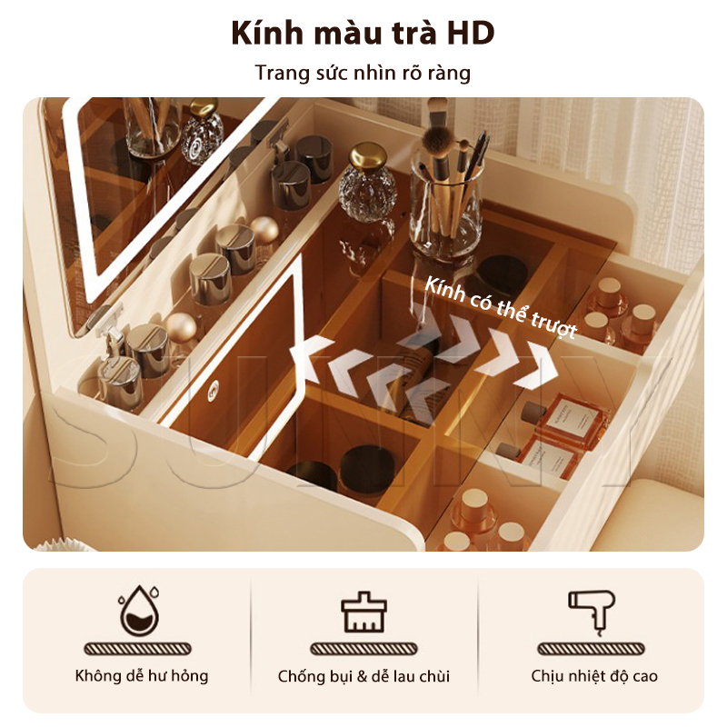 Sunny Bàn Trang Điểm Mini Đa Năng Có Đèn LED - Kèm Ghế, Gỗ Chống Trầy Xước, Tiết Kiệm Diện Tích