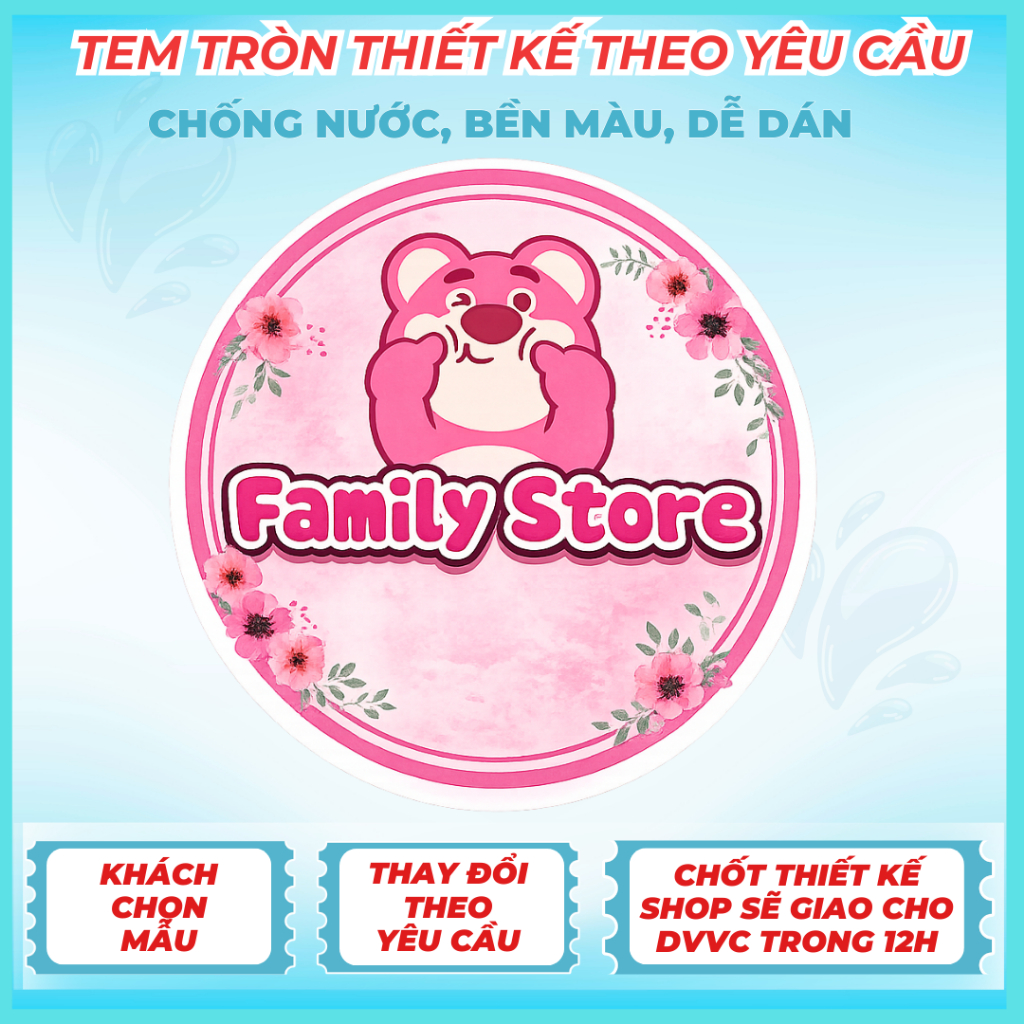 Tem tròn thiết kế theo yêu cầu – Khách lựa mẫu (chỉnh sửa theo ý muốn) – Chốt thiết kế – Shop bàn giao ĐVVC trong 12H
