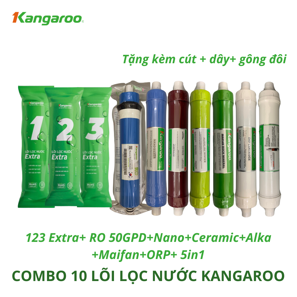 Combo 10 Lõi Lọc Nước Kangaroo Model KG10A3 Gồm 123 RO50GPD Nano Ceramic Alkaline Maifan ORP 5in1+ Hàng Chính Hãng