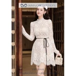 Váy Ren Dự Tiệc OLIVIA.CHIC Có Lót Lụa Habutai, Đầm Ngắn Chữ A Cổ Cao Tay Dài Bồng Kèm Dây Đai Eo V1451 — ảnh 1