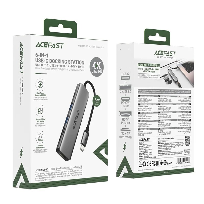 Bộ Hub USB-C 6 trong 1 ACEFAST J18 – Xuất hình 4K 60Hz, Sạc nhanh PD 90W, Dock mở rộng kèm khe thẻ SD/TF