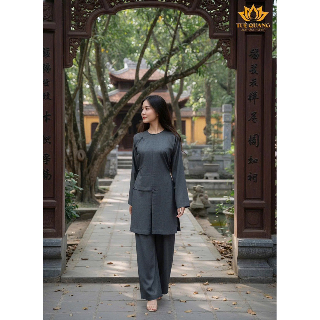 Pháp phục tu sĩ - Bộ vạt hò form Ni nút thắt tà lửng truyền thống chất vải linen cao cấp chính phẩm