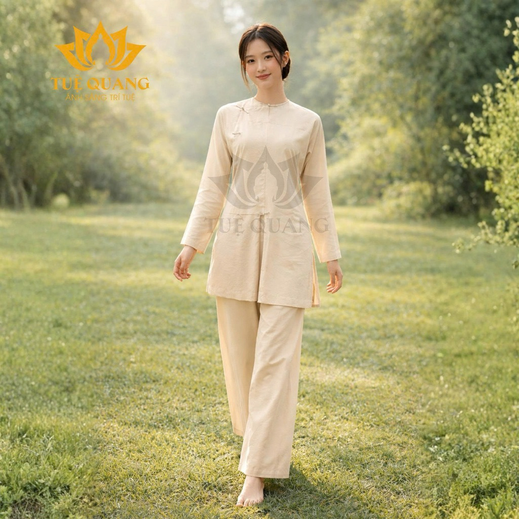 Pháp phục tu sĩ - Bộ vạt hò form Ni nút thắt tà lửng truyền thống chất vải linen cao cấp chính phẩm