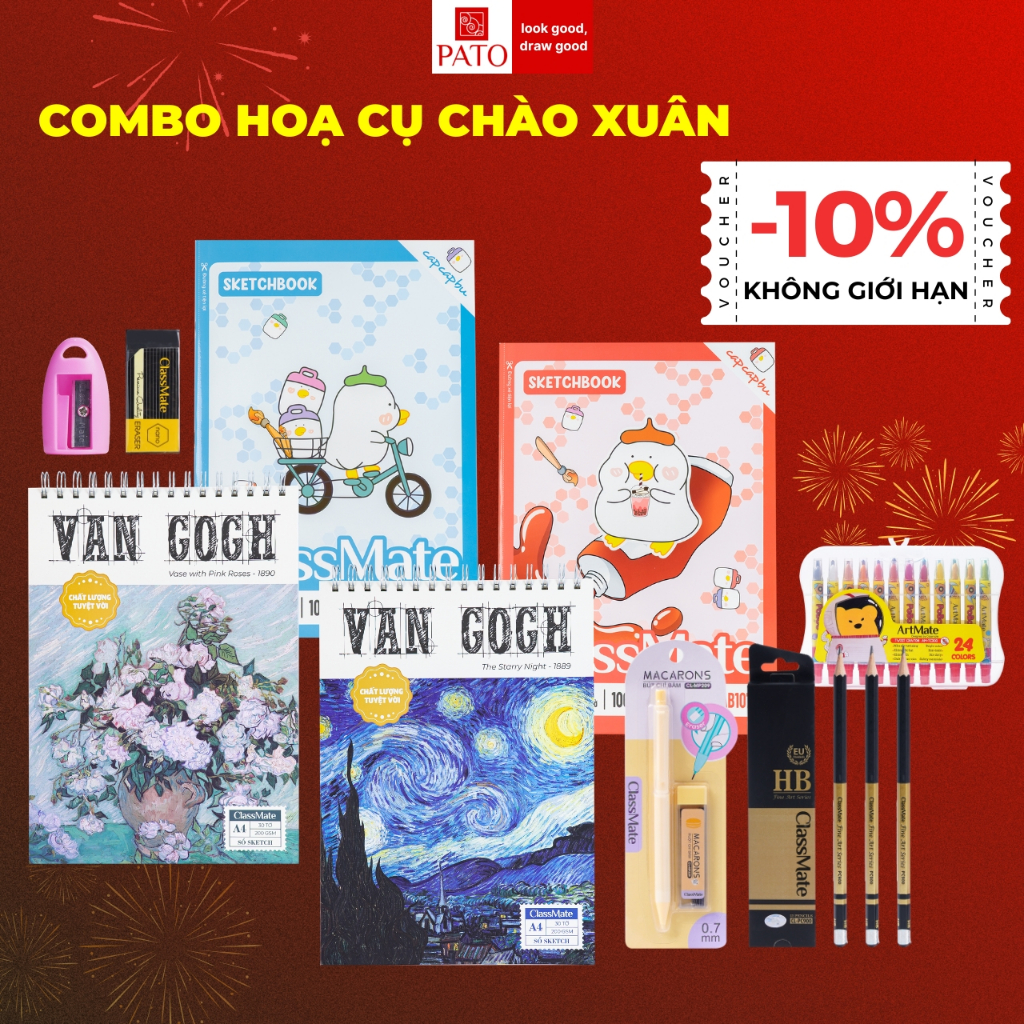 Combo Hoạ Cụ Chào Xuân, Combo Vở Vẽ A4 100GSM, Sketchbook A5 200GSM, Bút Chì, Bút Sáp Vặn Hữu Cơ