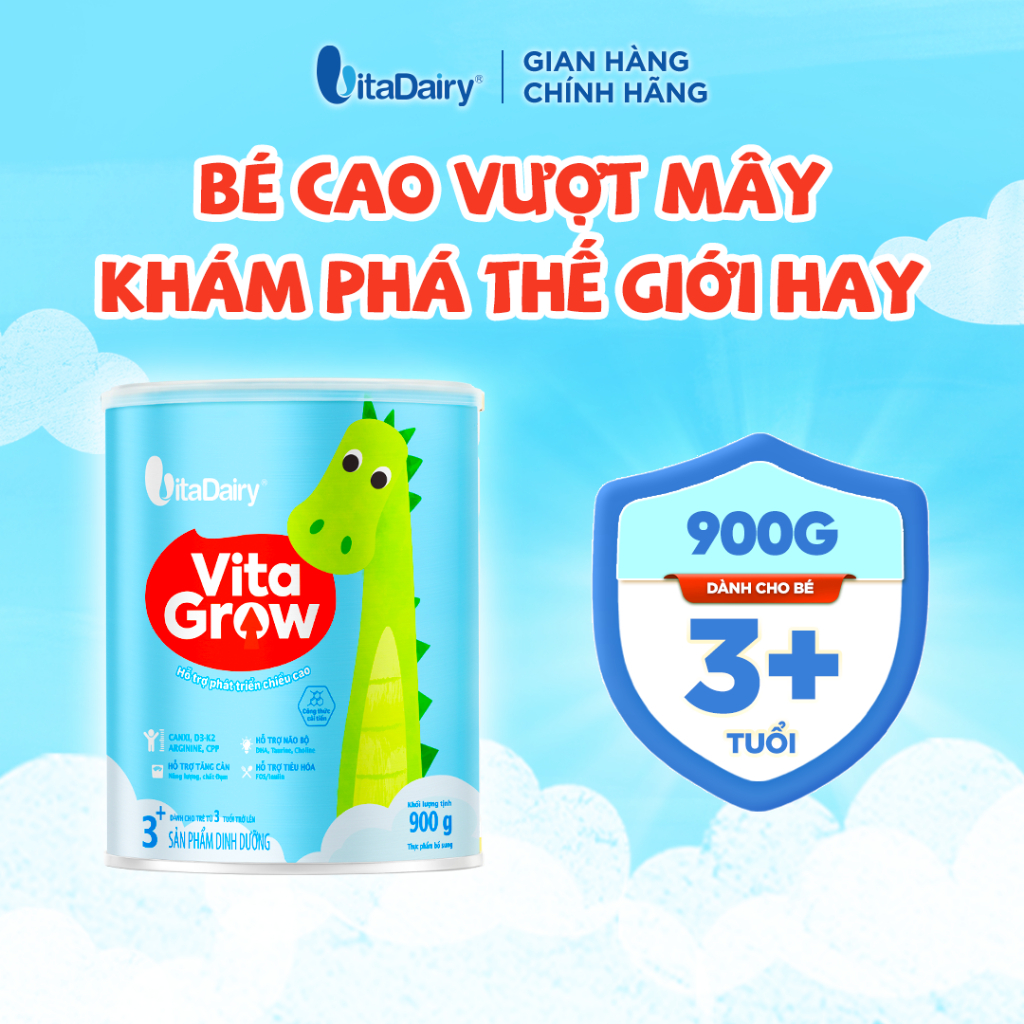 Sữa bột VitaGrow cải tiến cho trẻ từ 3 tuổi - Bổ sung năng lượng, giúp phát triển chiều cao - Lon 900g