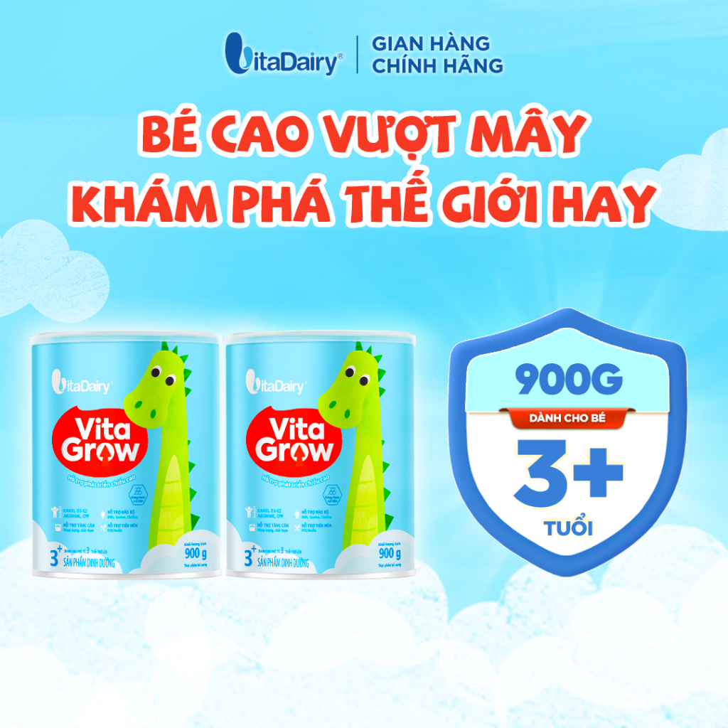 [COMBO 2 HỘP] Sữa bột VitaGrow cải tiến 3+ cho trẻ trên 3 tuổi - Bổ sung năng lượng, giúp phát triển chiều cao - Lon 900