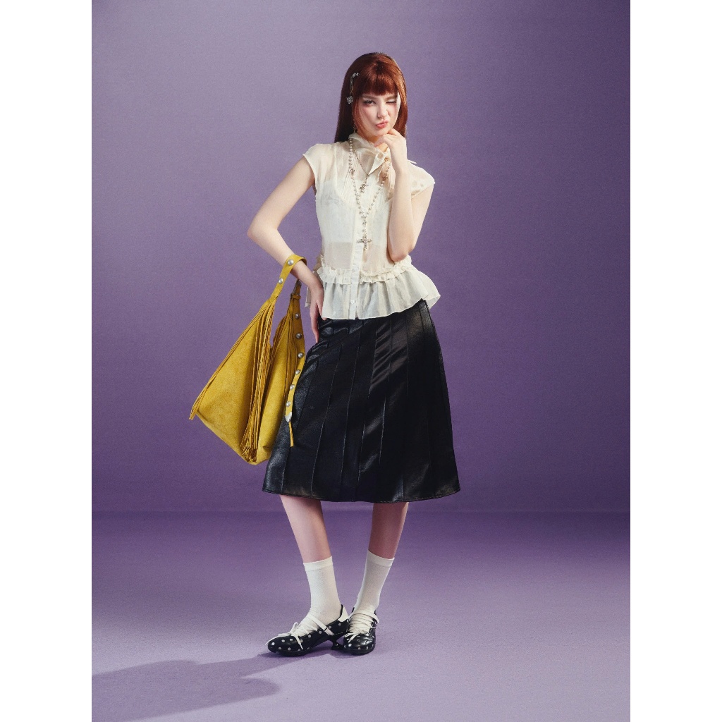 Silky Leather Midi Skirt - Remmus | Chân váy lụa da cao cấp form midi - BST DOLLY HOUSE