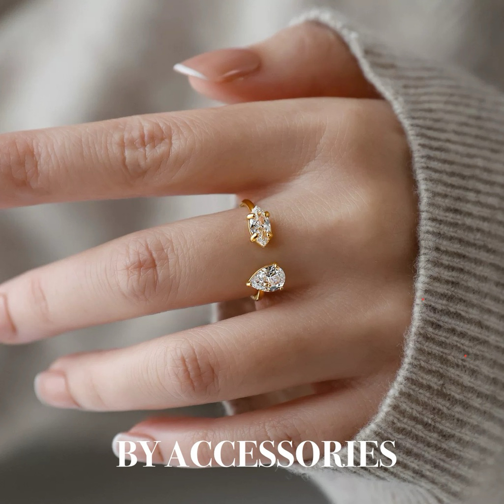 Nhẫn nữ titan kiểu hở khảm đá hình giọt nước hình bầu dục lấp lánh mạ vàng 18K không gỉ WR2628 BY ACCESSORIES